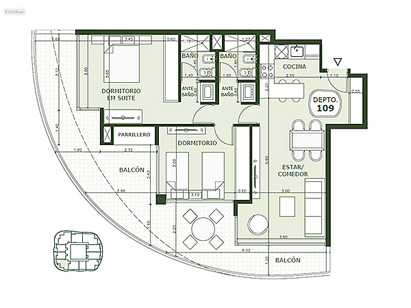 Apartamento 109 – 2 dormitorios<br>Superficie cubierta 68.80 m²<br>Galería 23.70 m²<br>Circulación común 11.50 m²<br>Total comercial 113.40 m²<br>Común 11.00 m²<br>Cocheras 25.60 m²<br><br>Superficie total 150.00 m²