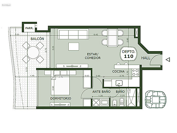 Apartamento 110 – 1 dormitorio<br>Superficie cubierta 48.50 m²<br>Galería 11.85 m²<br>Terraza 3.15 m²<br>Circulación común 6.15 m²<br>Total comercial 69.65 m²<br>Común 7.20 m²<br>Cocheras 16.70 m²<br><br>Superficie total 93.55 m²
