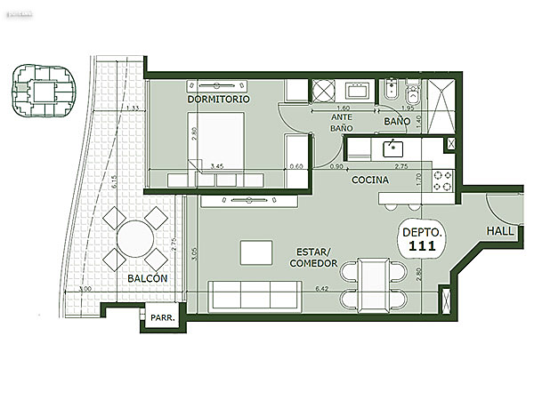 Apartamento 111 – 1 dormitorio<br>Superficie cubierta 48.80 m²<br>Galería 10.35 m²<br>Terraza 4.65 m²<br>Circulación común 6.00 m²<br>Total comercial 69.80 m²<br>Común 7.05 m²<br>Cocheras 16.40 m²<br><br>Superficie total 93.25 m²