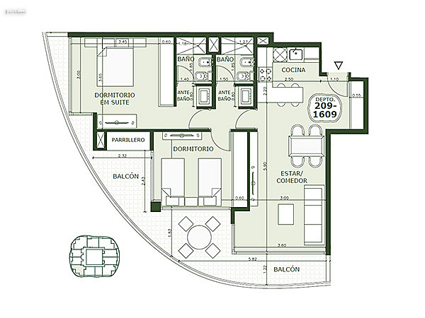 Apartamento 209 al 1609 – 2 dormitorios<br>Superficie cubierta 68.80 m<br>Galera 23.70 m<br><br>Circulacin comn 9.40 m<br>Total comercial 101.90 m<br>Comn 11.00 m<br>Cocheras 25.60 m<br><br>Superficie total 138.50 m