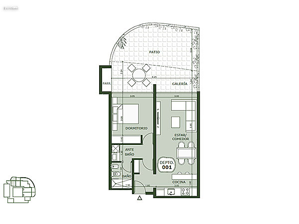Apartamento 001 – 1 dormitorio<br>Superficie cubierta 48.15 m²<br>Galería 14.15 m²<br>Patio 18.55 m²<br>Circulación común 4.12 m²<br>Total comercial 84.97 m²<br>Común 7.43 m²<br>Cocheras 17.25 m²<br><br>Superficie total 109.65 m²