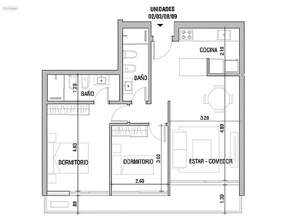 Tipolog�as 02/03/08/09 – 2 dormitorios<br>�rea total: 78 m�<br>�rea interior (incluye muros): 63 m�<br>�rea terraza (incluye muros): 9 m�<br>Al�cuota BC: 6 m�