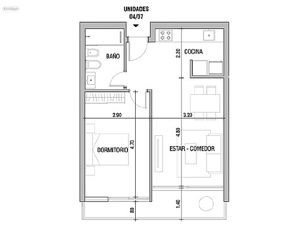 Tipolog�as 04/07 – 1 dormitorio<br>�rea total: 63 m�<br>�rea interior (incluye muros): 50 m�<br>�rea terraza (incluye muros): 7 m�<br>Al�cuota BC: 5 m�