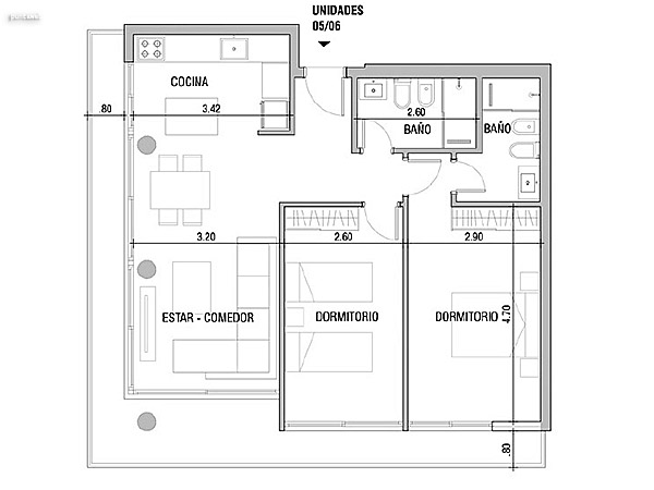 Tipologas 05/06 Brava – 2 dormitorios<br>rea total: 98 m<br>rea interior (incluye muros): 74 m<br>rea terraza (incluye muros): 17 m<br>Alcuota BC: 7 m