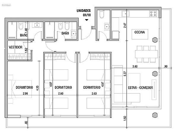 Tipolog�as 01/10 – 3 dormitorios<br>�rea total: 131 m�<br>�rea interior (incluye muros): 101 m�<br>�rea terraza (incluye muros): 20 m�<br>Al�cuota BC: 10 m�