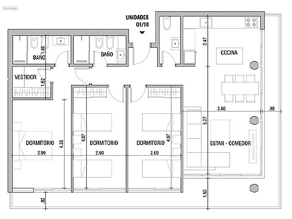 Tipologas 01/10 – 3 dormitorios<br>rea total: 131 m<br>rea interior (incluye muros): 101 m<br>rea terraza (incluye muros): 20 m<br>Alcuota BC: 10 m