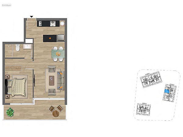 Tipologa B 1 dormitorio<br>Unidades 109 al 509 Bloque B<br><br>rea Total: 60m<br>rea Interior: 45m<br>rea Terraza: 11m<br>rea bien comn: 4m