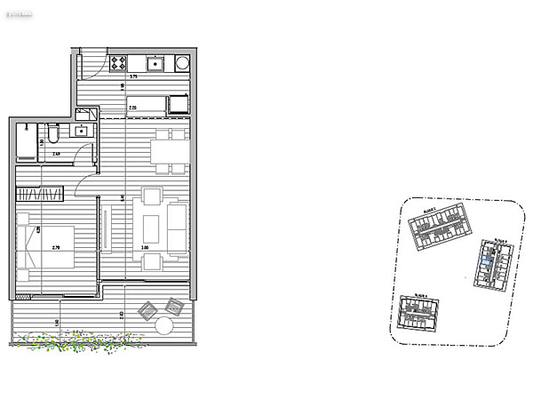 Tipologa B 1 dormitorio<br>Unidades 109 al 509 Bloque B<br><br>rea Total: 60m<br>rea Interior: 45m<br>rea Terraza: 11m<br>rea bien comn: 4m