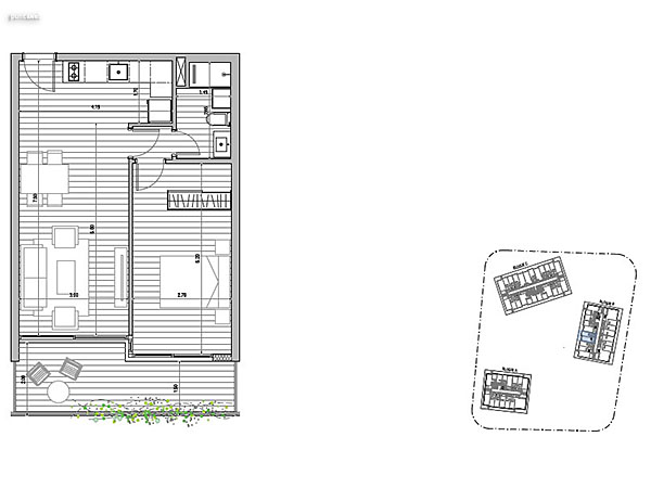 Tipologa B 1 dormitorio<br>Unidades 008 – 110 al 510 Bloque B<br><br>rea Total: 64m<br>rea Interior: 49m<br>rea Terraza: 10m<br>rea bien comn: 5m