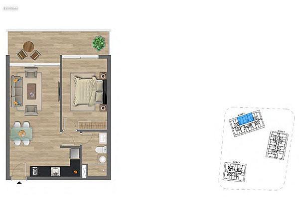 Tipologa C 1 dormitorio<br>Unidades 014 – 015 – 117 al  517 – 118 al 518 – 119 al 519 Bloque C<br><br>rea Total: 55m<br>rea Interior: 43m<br>rea Terraza: 8m<br>rea bien comn: 4m