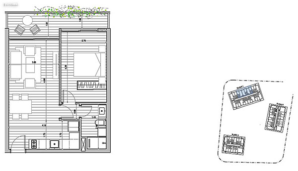 Tipologa C 1 dormitorio<br>Unidades 014 – 015 – 117 al  517 – 118 al 518 – 119 al 519 Bloque C<br><br>rea Total: 55m<br>rea Interior: 43m<br>rea Terraza: 8m<br>rea bien comn: 4m