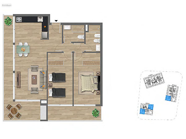 Tipologa A y B 2 dormitorios<br>Unidades 001 – 003 – 009 – 101 al  401 – 103 al 403 – 111 al 511 Bloques A y B<br><br>rea Total: 110m<br>rea Interior: 76m<br>rea Terraza: 26m<br>rea bien comn: 8m