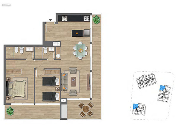 Tipologa A y B 2 dormitorios<br>Unidades 004 – 007 – 105 al  405 – 108 al 508 Bloques A y B<br><br>rea Total: 100m<br>rea Interior: 67m<br>rea Terraza: 26m<br>rea bien comn: 7m