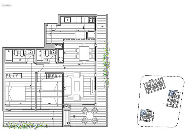 Tipologa A y B 2 dormitorios<br>Unidades 004 – 007 – 105 al  405 – 108 al 508 Bloques A y B<br><br>rea Total: 100m<br>rea Interior: 67m<br>rea Terraza: 26m<br>rea bien comn: 7m