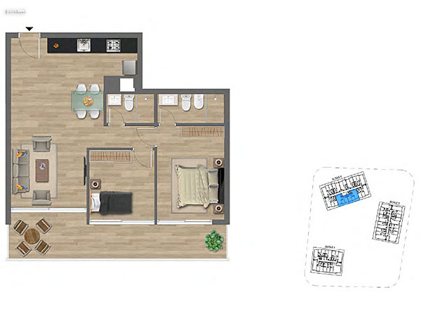 Tipologa C 2 dormitorios<br>Unidades 011 – 113 al  513 – 114 al 514 Bloque C<br><br>rea Total: 83m<br>rea Interior: 62m<br>rea Terraza: 15m<br>rea bien comn: 6m