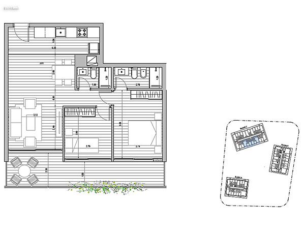 Tipologa C 2 dormitorios<br>Unidades 011 – 113 al  513 – 114 al 514 Bloque C<br><br>rea Total: 83m<br>rea Interior: 62m<br>rea Terraza: 15m<br>rea bien comn: 6m