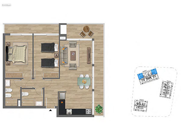 Tipologa C 2 dormitorios<br>Unidades 013 – 016 – 116 al  516 – 120 al 520 Bloque C<br><br>rea Total: 93m<br>rea Interior: 66m<br>rea Terraza: 20m<br>rea bien comn: 7m