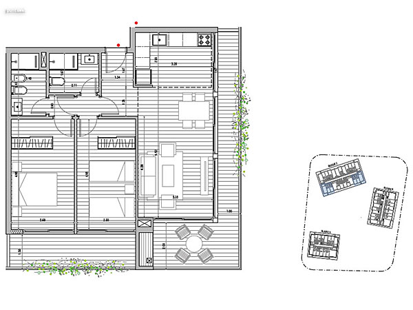 Tipologa C 2 dormitorios<br>Unidades 010 – 012 – 112 al 512 – 115 al 515 Bloque C<br><br>rea Total: 104m<br>rea Interior: 72m<br>rea Terraza: 25m<br>rea bien comn: 7m