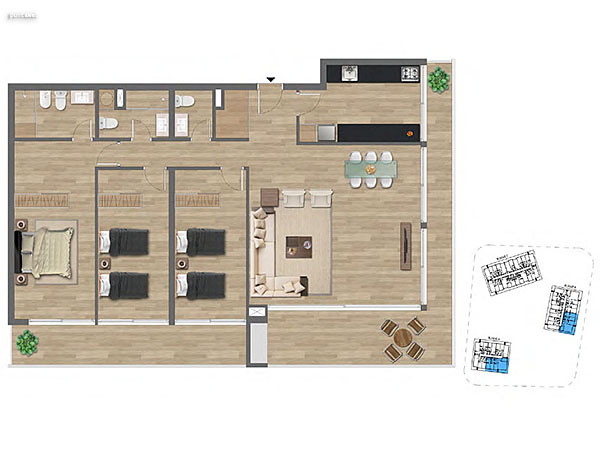 Tipologa A y B 3 dormitorios<br>Unidades 002 – 005 – 102 al 502 – 106 al 506 Bloque A y B<br><br>rea Total: 169m<br>rea Interior: 122m<br>rea Terraza: 35m<br>rea bien comn: 12m