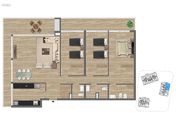 Tipologa B 3 dormitorios<br>Unidades 107 al 507 Bloque B<br><br>rea Total: 173m<br>rea Interior: 125m<br>rea Terraza: 36m<br>rea bien comn: 12m