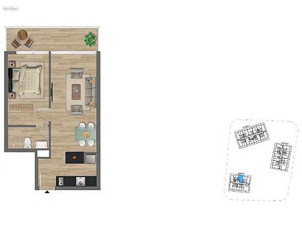 Tipologa 1 dormitorio<br>Unidades 104 al 404 Bloque A<br><br>rea Total: 55m<br>rea Interior: 43m<br>rea Terraza: 8m<br>rea bien comn: 4m