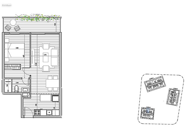 Tipologa 1 dormitorio<br>Unidades 104 al 404 Bloque A<br><br>rea Total: 55m<br>rea Interior: 43m<br>rea Terraza: 8m<br>rea bien comn: 4m