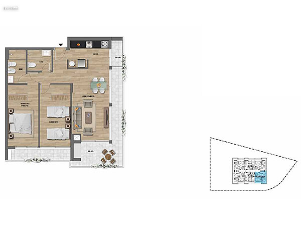 2 dormitorios – Niveles 2,3 y 4<br>201 – 301– 401<br><br>�rea Total: 94 m�<br>�rea Interior: 72m�<br>�rea Terraza: 22m�