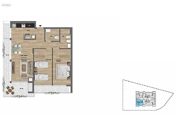 2 dormitorios – Niveles 2,3 y 4<br>203 – 303– 403<br><br>Área Total: 94m²<br>Área Interior: 72m²<br>Área Terraza: 22m²