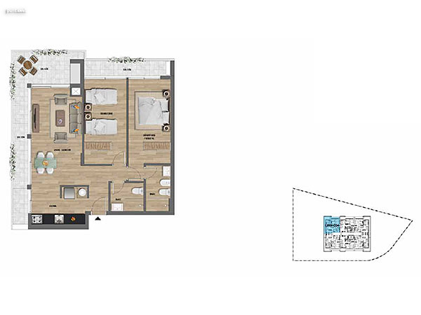 2 dormitorios – Niveles 2,3 y 4<br>204 – 304– 404<br><br>Área Total: 94m²<br>Área Interior: 72m²<br>Área Terraza: 22m²
