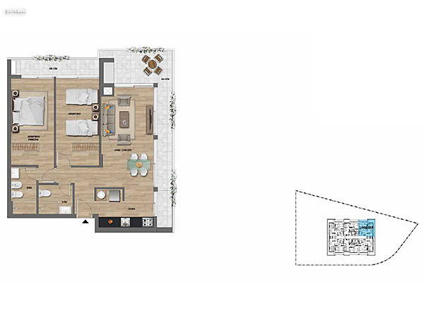 2 dormitorios – Niveles 2,3 y 4<br>206 – 306– 406<br><br>Área Total: 96m²<br>Área Interior: 72m²<br>Área Terraza: 22m²