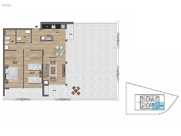 2 dormitorios – Nivel 1<br>101<br><br>Área Total: 175m²<br>Área Interior: 72m²<br>Área Terraza: 85m²