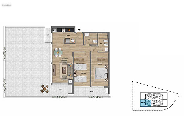 2 dormitorios – Nivel 1<br>103<br><br>Área Total: 157m²<br>Área Interior: 72m²<br>Área Terraza: 85m²