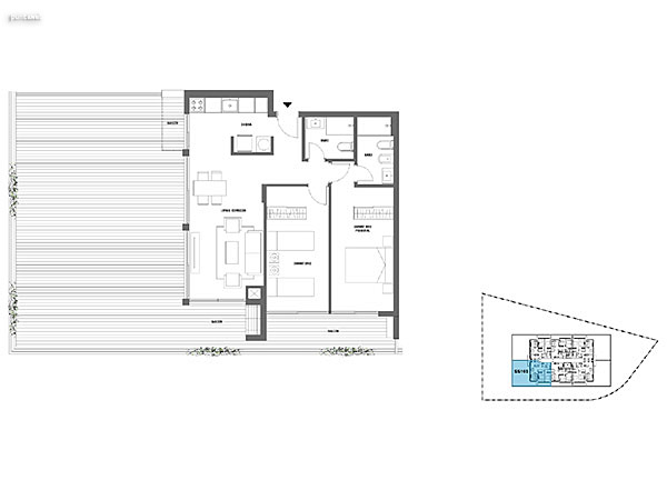 2 dormitorios – Nivel 1<br>103<br><br>Área Total: 157m²<br>Área Interior: 72m²<br>Área Terraza: 85m²