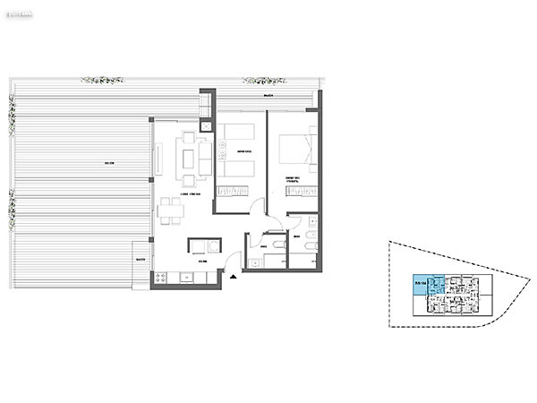 2 dormitorios – Nivel 1<br>104<br><br>Área Total: 157m²<br>Área Interior: 72m²<br>Área Terraza: 85m²