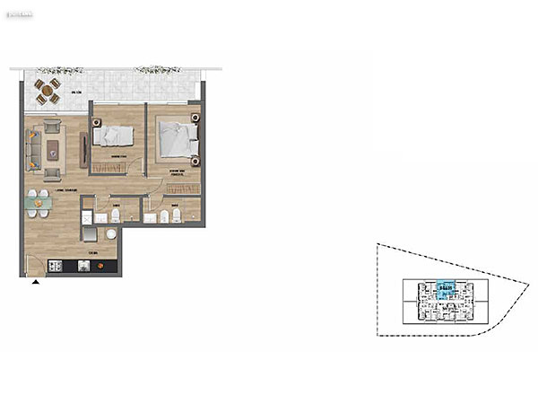 2 dormitorios – Nivel 1<br>105<br><br>Área Total: 74m²<br>Área Interior: 60m²<br>Área Terraza: 14m²