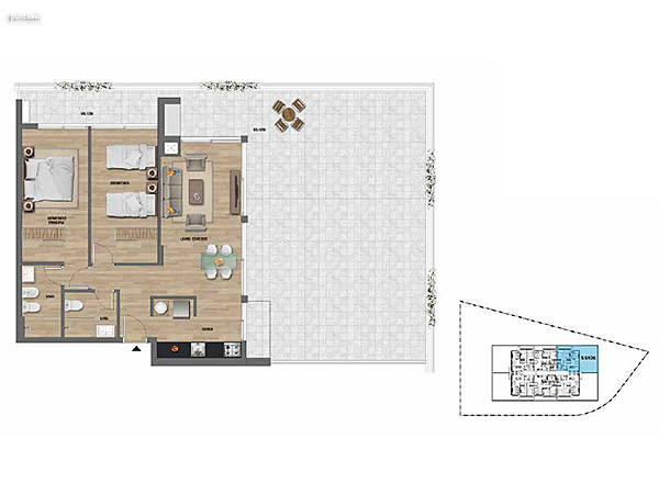 2 dormitorios – Nivel 1<br>106<br><br>Área Total: 157m²<br>Área Interior: 72m²<br>Área Terraza: 85m²