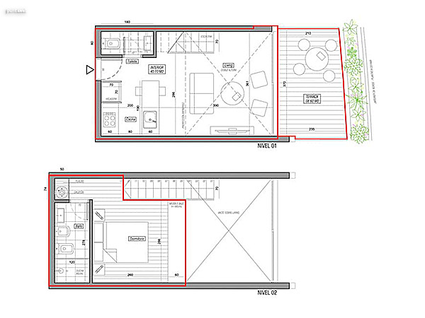 Apto 002<br>1 Dorm | 40.10 m propios<br>8.60 m terraza | 8.20 m comn<br>Total 56.90 m