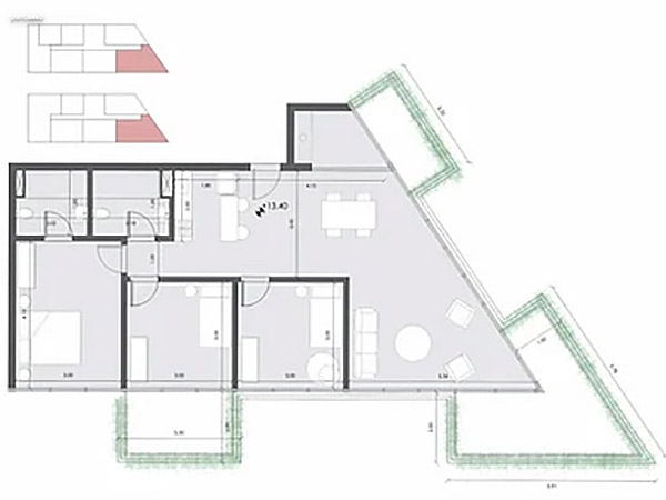 Unidad 401 – 3 dormitorios<br><br>�rea interior: 86 m�<br>�rea exterior: 33 m�<br><br>Total: 119 m�