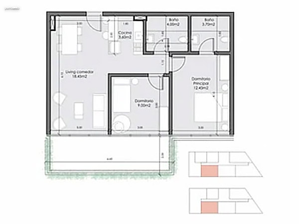 Unidad 403 – 2 dormitorios<br><br>rea interior: 61 m<br>rea exterior: 13 m<br><br>Total: 74 m