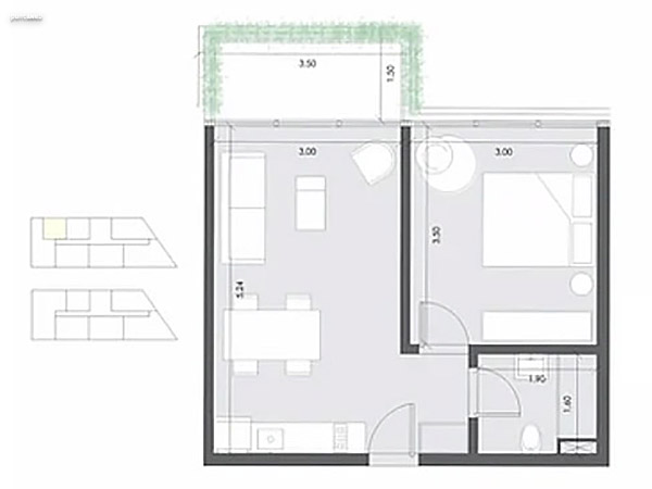 Unidad 405 – 1 dormitorio<br><br>rea interior: 35 m<br>rea exterior: 5 m<br><br>Total: 40 m