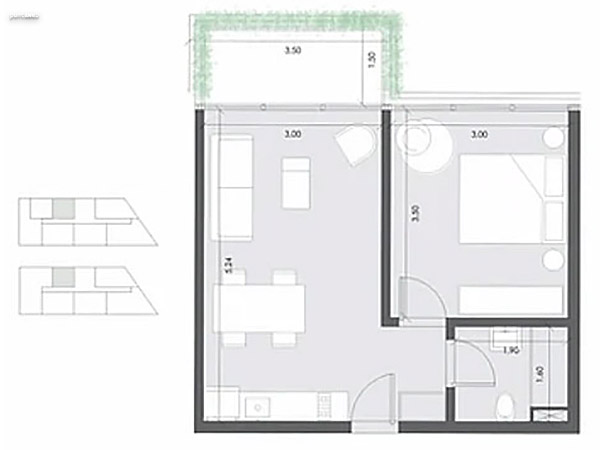 Unidad 406 – 1 dormitorio<br><br>rea interior: 35 m<br>rea exterior: 5 m<br><br>Total: 40 m