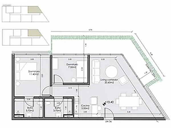 Unidad 407 – 2 dormitorios<br><br>rea interior: 59 m<br>rea exterior: 16 m<br><br>Total: 75 m