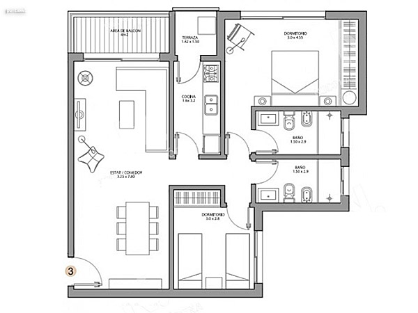 Piso 1 – unidad 03 – 2 dormitorios<br><br>�rea total: 85 m�