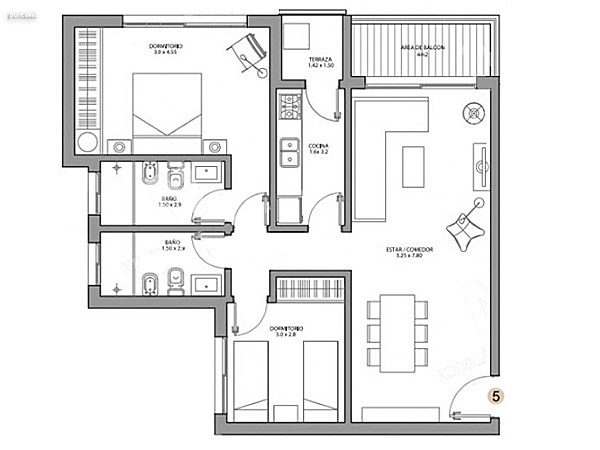 Piso 1 – unidad 05 – 1 dormitorio<br><br>rea total: 82 m