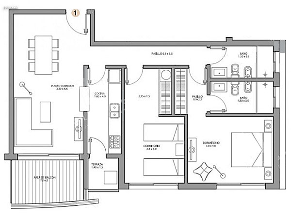 Pisos 2 al 12 – unidad 01 – 2 dormitorios<br><br>�rea total: 93 m�