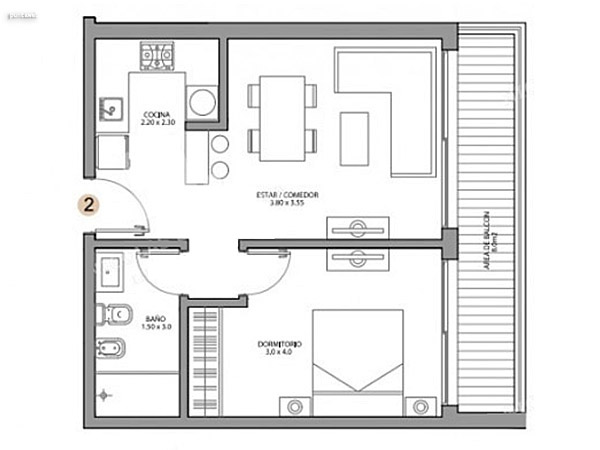 Pisos 2 al 12 – unidad 02 – 1 dormitorio<br><br>�rea total: 54 m�