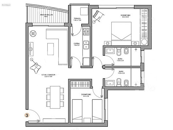 Pisos 2 al 12 – unidad 03 – 2 dormitorios<br><br>�rea total: 85 m�