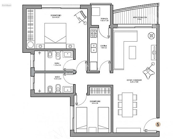 Pisos 2 al 12 – unidad 05 – 2 dormitorios<br><br>�rea total: 85 m�
