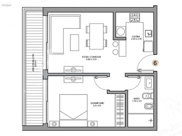 Pisos 1 al 12 – unidad 06 – 1 dormitorio<br><br>rea total: 54 m