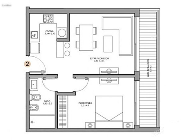 Pisos 1 al 12 – unidad 02 – 1 dormitorio<br><br>rea total: 54 m